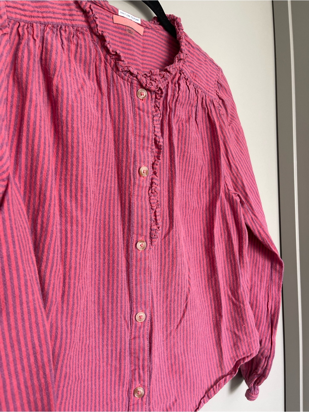 MOTHER Striped Button-Front Ruffle Blouse - Picture 3 of 6